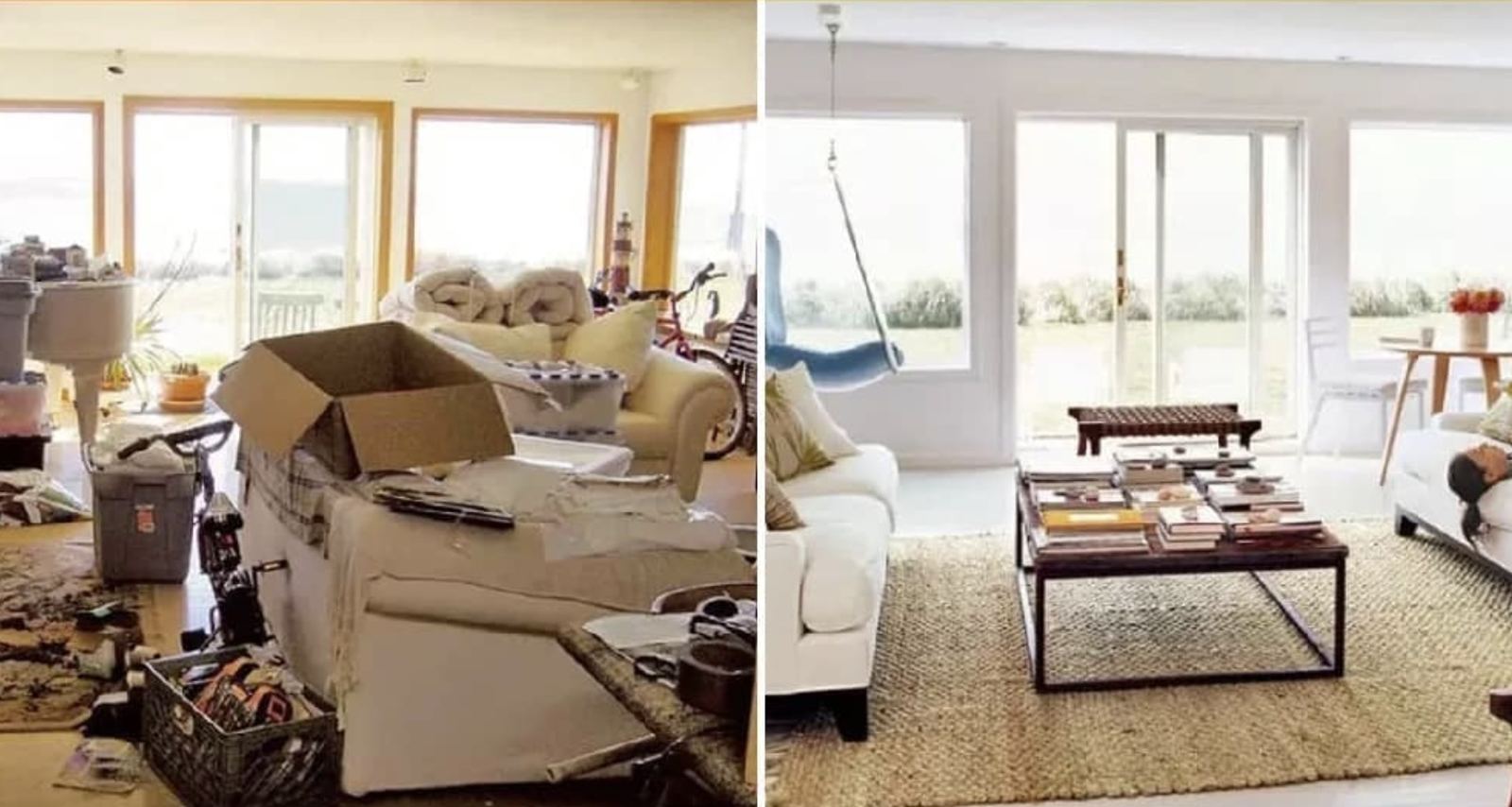 Before and after — cluttered living room to staged, spotless home